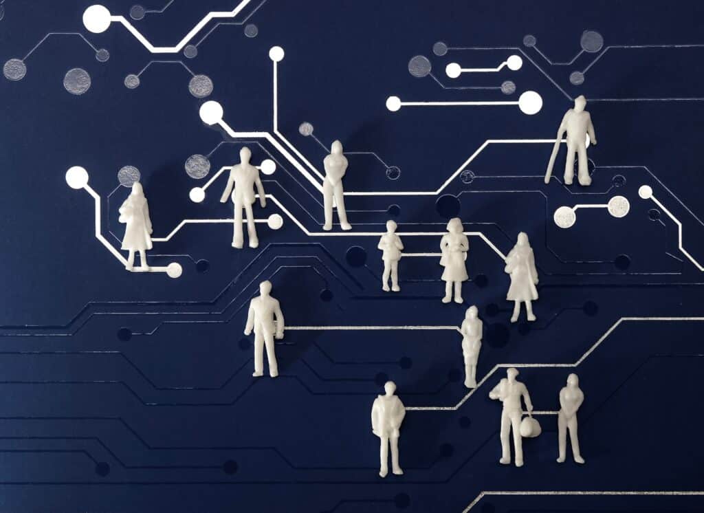 Mithilfe einer Grafik wird die Vernetzung von verschiedenen Menschen und Personengruppen visualisiert.
