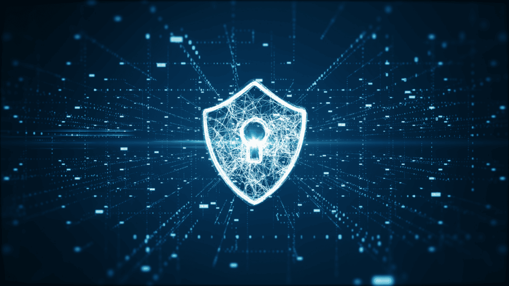 Digitales Schloss inmitten eines abstrakten Netzwerks aus Datenpunkten.