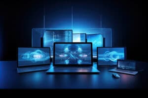 Geräte wie Laptop und Tablet auf Schreibtisch