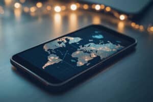 Smartphone mit digitaler Weltkarte als Symbol für globale Vernetzung